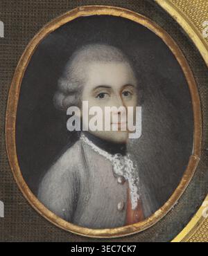Doppelporträt einer Frau und eines Mannes, unbekannter Künstler. Miniatur, 1780. Frau: Dreiviertelbüste, nach links gedreht; hohe Perücke mit Locken, die über die Schultern fallen und mit einem blauen Band gebunden sind; dunkle Augen, heller Teint; weißes Kleid mit niedrigem Hals und blauem Oberteil, weiße Ärmel, blau am Oberarm. Hintergrund grau, rechts in der Nähe des Gesichts aufgehellt. Mann: Dreiviertelbüste, nach links gedreht; graue Perücke mit Locken über den Ohren und einem Pferdeschwanz; dunkel gestrichene Augen; grauer Frack mit Stahlknöpfen, weiß-kupferne Weste, schwarzes Band und weißer Jabot am Hals. Hintergrund grau, auf dem aufgehellt Stockfoto