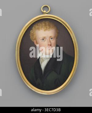 Andrzej Bernard - Sohn von Konstancja geborene Potocka und Jan. Porträt eines jungen Mannes aus der Familie Potocki, unbekannter Künstler. Aristokratie, Männer, Kostüme, Porträts und Dreiviertel, männliches Porträt, polnische Miniatur. Nach links gehen, nach rechts 3/4. Helles rötlich-blondes Haar, kleine Locken à la Titus; weißer Umlegekragen, Krawatte und Weste; grüner Frack mit schwarzem Kragen. Hintergrund schokoladengrau. Nicht Eingerahmt. Anmerkung: K. Czajkowska: Hair à la Caracalla. 1807, Polen. Miniatur, Höhe 6 cm, Breite 4,7 cm., ein ovales Porträt, gemalt in einem dünnen Metallrahmen, das eine junge Person mit lockigem Licht zeigt Stockfoto