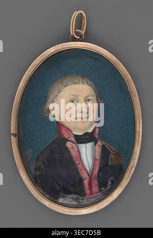 Ein Porträt eines jungen Adligen in Uniform eines Leutnants der Nationalgarde. Büste, etwas rechts. Kurzes blondes Haar. Weißer Kragen, schwarzer Kragen, marineblaue Uniform mit einem Schulterblatt, Amaranth-Kragen und Revers, Amaranth- und Silbergürtel, ein Säbelgriff auf der linken Seite sichtbar. Hintergrund gestempelt, dunkelblau-grün. Glatter Kupfer-Bronze-Rand. b Porträt desselben Mannes im höheren Alter in der Uniform der Truppen des Königreichs Polen. Gemaltes Foto, das höchstwahrscheinlich dieselbe Person zeigt, auf der Rückseite ein Foto eines Mannes in Militäruniform; um 1840–1850. Miniatur, Höhe 5,2 cm, Stockfoto