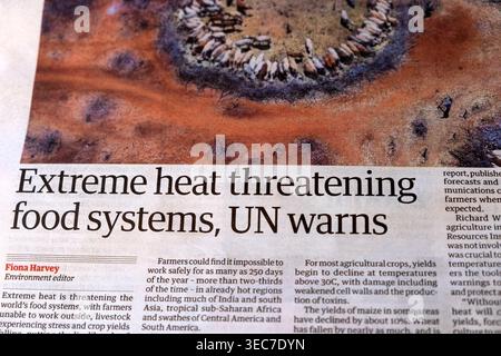 „Extreme Heat Threat Threat Food Systems, UN warnt“ Guardian Zeitung Schlagzeile Klimawandel Notfall artikel 22 April 2024 London Großbritannien Stockfoto