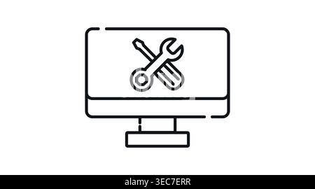 Symbol für Computerreparatur und technischen Support: Desktop-PC mit Kreuzschlüssel und Schraubendreher auf dem Bildschirm Stock Vektor