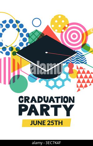 Flyer oder Postervorlage für Abschlussfeiern. Vektorillustration mit akademischem Mortarboard Hut auf abstraktem geometrischem Hintergrund. Farbenfrohes Event-Design Stock Vektor