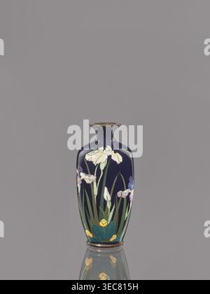 Vase, ovoide Vase mit einem kurzen, dünnen, ausgestellten Hals, verziert mit Iris auf dunkelblauem Hintergrund. Cloisonné-Schmelz. Meiji-Periode, ca. 1900. Japan. Gefäß. Höhe 9,1 cm; Durchmesser 4,3 cm., Eine dunkelblaue Keramikvase mit schmalem Hals und ausgestelltem Rand, steht aufrecht vor einem grauen Hintergrund, verziert mit einem bemalten Blumendesign, das eine Gruppe von hohen grünen Blättern und Stielen und mehrere weiße, lila und blaue Blütenblüten sowie grünes Laub und kleine gelbe Blütenakzente in der Nähe der Basis enthält. Die Vase reflektiert die glänzende Oberfläche darunter. Stockfoto