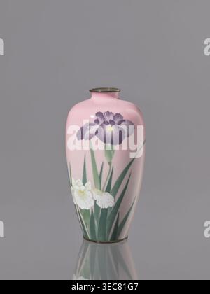 Vase, Cloisonné-Emaille; verziert mit Blumen und Iris; Taishō-Zeit, ca. 1912–1926; Nagoya, Japan; Gefäß; Höhe 15 cm, Durchmesser 7,9 cm., Eine glänzend rosa Vase mit einer abgerundeten Schulter und einem schmalen Hals steht auf einer reflektierenden Oberfläche, verziert mit bemalten Blumen, darunter eine große lila Blüte mit einem kleinen gelben Zentrum und ein paar weißen Blüten, begleitet von langen grünen Blättern; die Vase hat dünne metallische Ränder an Hals und Basis und ist auf einem glatten grauen Hintergrund gestellt. Stockfoto