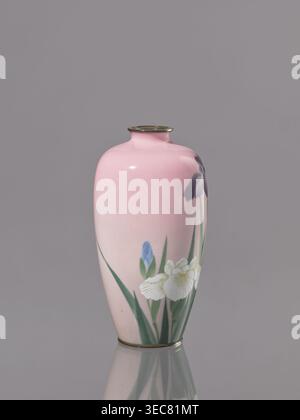Vase, Taishō-Zeit um 1912–1926, Nagoya, Japan; Cloisonné-Emaille; verziert mit Blumen—Iris; Gefäß, Höhe 15 cm, Durchmesser 7,9 cm., Eine glatte, enghalsige Keramikvase mit einer glänzend rosa Oberfläche, die mit bemalten Blumenmotiven in Grün, weiß, Blau und Dunkelviolett verziert ist. Sie sitzt auf einer reflektierenden Oberfläche, die ihre Farben widerspiegelt, vor einem grauen Hintergrund. Stockfoto