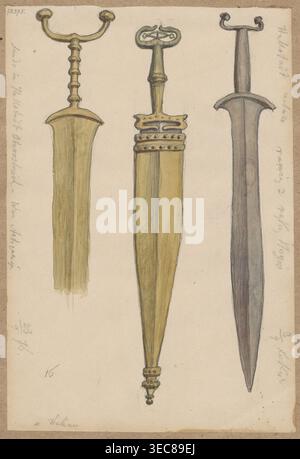 Drei Schwerter aus den Hallstätter Ausgrabungen. Zeichnung mit der Oberkante auf braunen Karton aufgeklebt. 1876. Zeichnung: Höhe 18,8 cm, Breite 12,8 cm; Karton: Höhe 35,6 cm, Breite 25,8 cm., das Bild zeigt eine Zeichnung von drei vertikal ausgerichteten Schwertern oder Dolchen auf hellbeigem Hintergrund; die linke und mittlere Klinge und Beschläge sind in Gelb- und Goldtönen mit Noten von grünlichem Olive dargestellt, während die rechte Klinge in gedeckten Grautönen und bläulich-grauen Tönen gemalt ist. Die linke Waffe hat einen gekrümmten zweizackigen Schutz und einen geriffelten Griff über einer langen, leicht verjüngten Klinge in goldgelber Farbe Stockfoto