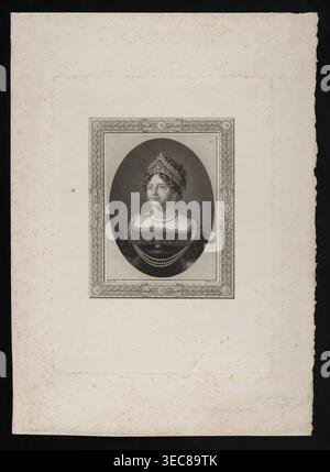 Maria Feodorovna Sophie Dorothea von Württemberg, 1759–1828, Ehefrau des Zaren Paul I. Gravur nach einem Porträt von Jean Henri Benner aus dem Jahr 1821, das Maria Feodorowna mit einem berühmten Diamanten-Diadem und einer Perlenkette zeigt. Das Diadem, das um 1800 hergestellt wurde, enthält 1.386 brasilianische Diamanten und antike indische Brioletten und wird von einem historischen 13-karätigen rosa Diamanten zentriert, der vom Zaren gekauft wurde. Mit Friedrich John Friedrich Theodor Michael John, 1769–1843, der in Wien studierte, Porträts wie Józef Poniatowski nach Benner malte und sich später ab 1822 Illustrationen zuwandte, wird assoziiert Stockfoto