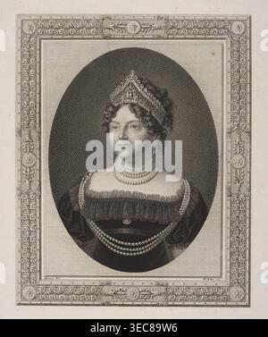 Maria Feodorovna Sophie Dorothea von Württemberg, 1759–1828, Ehefrau des Zaren Paul I. Gravur nach einem Porträt von Jean Henri Benner 1821 von Friedrich Theodor Michael Johannes 1769–1843. Maria Feodorowna trägt eine Diamant-Diadem- und Perlenkette. Das Diadem, das um 1800 hergestellt wurde, besteht aus 1.386 brasilianischen Diamanten und indischen Brioletten, mit einem historischen 13-karätigen rosa Diamanten in der Mitte, der vom Zaren gekauft wurde. Gravur Helena Radziwiłł, geb. Przezdziecka 1753–1821. Grafikdruck; Höhe 29,9 cm, Breite 22,4 cm., Ein Grau-Porträt zeigt eine Frau mit gelocktem Haar Stockfoto