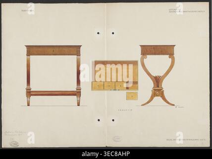 Kochbares Eschenholz, gebeizter dunkler Nussbaum, Frisiertisch aus den Möbeln des Palastes Belweder, Vorder-, Draufsicht und Seitenansicht im Maßstab 1:5; Małachowski, Jan 1886–1917 Illustrator/Autor; Belweder Warschau; Möbel; Frisiertische; Woiwodschaft Warschau Masowien; Biedermeier-Stil; 19. Jahrhundert; Paläste; Weltkrieg 1914–1918; 1915 vor 20.09.1915; künstlerische Dokumentation; Zeichnung, Aquarell; Höhe 36,1 cm, Breite 52,2 cm, das Bild zeigt ein großes Blatt mit einem hellen cremefarbenen Hintergrund, das drei gerenderte Holzmöbelelemente enthält: links ein rechteckiger tischähnlicher Rahmen mit geradem Stockfoto