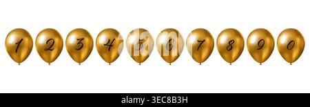 Goldene Hochglanzballons mit den Zahlen 0 bis 9 in einer Reihe isoliert für Partydekoration und Feier Design Stock Vektor