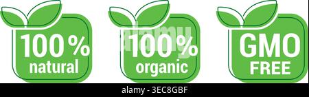 100 natürliche, 100 Bio- und GVO-freie Icons Set - Abzeichen für hundertprozentige gesunde Lebensmittel, vegetarische Ernährung in Blattform - Vektor-Aufkleber Set Stock Vektor