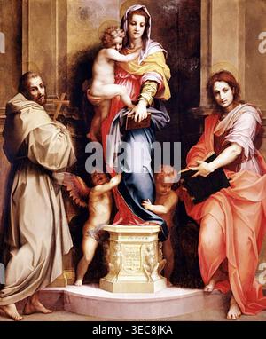 Andrea del Sarto – Madonna der Harpyien (1517), Öl auf Platte. Italienisches Gemälde der Renaissance mit der Darstellung der Jungfrau und des Kindes mit Heiligen auf einem symbolischen Harpyiensockel in ausgewogener Komposition der Hochrenaissance | ArchiVerse: Religiöse Kunst Stockfoto