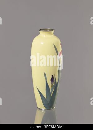Vase, Ôta, Jinnoei (fl. Ca. 1870–1920), Japanisch, Iris- und Blumendekoration, Meiji (1868–1912), shosen (Cloisonné-Emaille), ca. 1900–1910, Gefäß; Höhe 24,6 cm, Durchmesser 9,5 cm, Eine hohe, schmale Keramikvase mit glatter, blassgelber Oberfläche und leicht ausgestelltem metallischem Rand, die auf einer reflektierenden Oberfläche steht, die ihre Basis spiegelt; die Vase ist mit einem botanischen Motiv verziert, das langgezogene blaugrüne Blätter und eine teilweise geöffnete lila Knospe zeigt, zusammen mit einer blassrosa und weißen Blume und einem grünen Stiel, der auf einer Seite sichtbar ist und auf einem schlichten grauen Hintergrund steht. Stockfoto