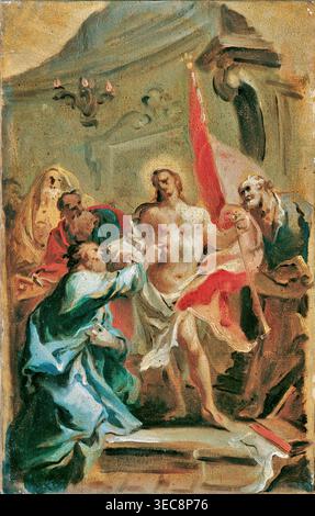 Carlo Carlone – Christus und der zweifelnde Thomas (18. Jahrhundert), Öl auf Leinwand. Italienisches barockes religiöses Gemälde, das den auferstandenen Christus darstellt, der seine Wunden dem Heiligen Thomas in dramatischer Beleuchtung offenbart | ArchiVerse: Religiöse Kunst Stockfoto