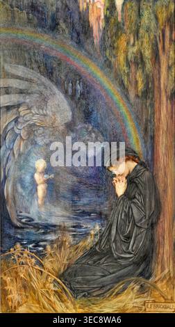 Eleanor Fortescue-Brickdale – das posthume Kind (Anfang des 20. Jahrhunderts), Öl auf Leinwand. Englisches präraffaelitisches Revival-Symbolistengemälde, das eine spirituelle Allegorie von Mutterschaft, Verlust und Erlösung darstellt | ArchiVerse: Symbolist Art Stockfoto