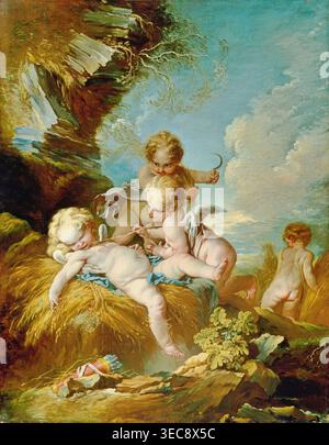 Francois Boucher – die Cherub-Ernte (18. Jahrhundert), Öl auf Leinwand. Französisches allegorisches Gemälde des Rokoko mit verspielter Putti-Ernte in einer pastoralen Umgebung mit leichtem dekorativen Charme | ArchiVerse: Allegorische Kunst Stockfoto