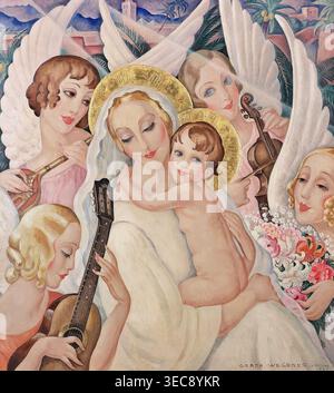 Gerda Wegener – Madonna mit Kind umgeben von musikalischen Engeln (1935), Öl auf Leinwand. Dänische Art déco-Symbolistisches religiöses Gemälde, das die Jungfrau und das Kind mit stilisierten Engeln in dekorativer modernistischer Eleganz darstellt | ArchiVerse: Religiöse Kunst Stockfoto