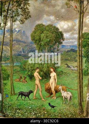 Hans Thoma – im Paradies (1891), Öl auf Leinwand. Deutsche romantische symbolische religiöse Malerei, die Adam und Eva in einem idyllischen Eden mit harmonischer natürlicher Symbolik darstellt | ArchiVerse: Religiöse Kunst Stockfoto