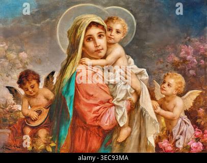 Hans Zatzka – Madonna und Kind mit Putti (Ende des 19. Jahrhunderts), Öl auf Leinwand. Österreichisches akademisches religiöses Gemälde mit zarter Madonna und Kind umgeben von verspielten Engeln in idealisierter Komposition | ArchiVerse: Religiöse Kunst Stockfoto