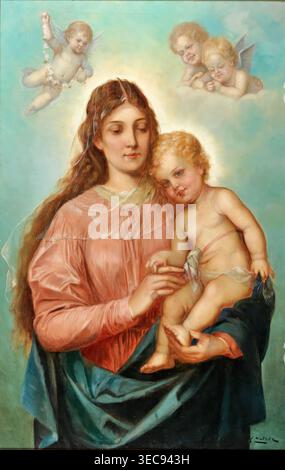 Hans Zatzka – Madonna mit Christkind und Putti (Ende des 19. Jahrhunderts), Öl auf Leinwand. Österreichisches akademisches religiöses Gemälde, das die Jungfrau und das Kind mit cherubischen Putten im sanften Andachtsstil darstellt | ArchiVerse: Religiöse Kunst Stockfoto