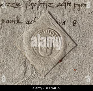 Rundsiegelabdruck der Stadt Tarnów. Auf dem Schild das Wappen von Leliwa mit einem Juwel. Unleserliche gotische Inschrift am Rand. 16. Jahrhundert, Polen., Eine Nahaufnahme aus strukturiertem weißem Papier mit einem kleinen Quadrat aus ähnlichem Papier, das schräg angebracht ist, das kleine Quadrat mit einem geprägten kreisförmigen Siegel, das eine erhöhte Mittelform zeigt, umgeben von dekorativen Rillen; die sichtbaren Farben sind Beige- und Cremefarben mit ein paar kleinen orange-braunen Flecken, und auf dem Hintergrundpapier ist dunkelbraune Tinte sichtbar. Stockfoto
