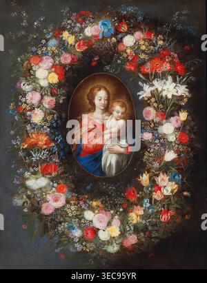Jan Brueghel der Jüngere – Madonna und Kind umgeben von einer Blumengirlande (17. Jahrhundert), Öl auf Kupfer. Flämisches barockes religiöses Gemälde, das die Jungfrau und das Kind darstellt, eingerahmt von üppigem Blumenreichtum und symbolischen Details | ArchiVerse: Religiöse Kunst Stockfoto
