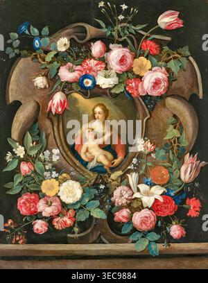 Jan van Kessel der ältere – die Jungfrau und das Kind in einer Skulptur, umgeben von Blumengirlanden (17. Jahrhundert), Öl auf Kupfer. Flämisches barockes religiöses Gemälde mit Madonna und Kind, eingerahmt von üppigen Blumenfestoons mit symbolischen natürlichen Details | ArchiVerse: Religiöse Kunst Stockfoto