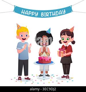 Kinder Feiern Geburtstag Cartoon Illustration Stock Vektor