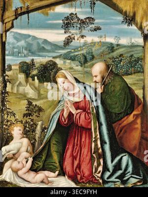 Moretto da Brescia – die Heilige Familie in einer Landschaft (16. Jahrhundert), Öl auf Leinwand. Religiöse Malerei der italienischen Renaissance, die die Heilige Familie in einer ruhigen pastoralen Landschaft mit hingebungsvoller Harmonie und naturalistischem Setting darstellt | ArchiVerse: Religiöse Kunst Stockfoto