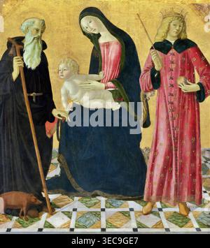 Neroccio de' Landi – Madonna und Kind mit dem Abt des Heiligen Antonius und dem Heiligen Sigismund (ca. 1490–1495), Tempera auf der Tafel. Italienisches Renaissance-religiöses Gemälde, das Jungfrau Maria und Kind mit Einsiedler heiliger und König thront, sienesische hingebungsvolle Eleganz | ArchiVerse: Religiöse Kunst Stockfoto