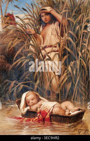 Paul Delaroche – Moses in the Bulrushes (1817–1856), Öl auf Leinwand. Französische akademische religiöse Malerei, die den Säugling Moses in einem Korb zwischen Nil-Schilf zeigt | ArchiVerse: Religiöse Kunst Stockfoto