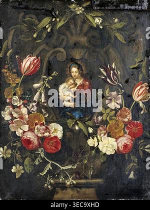 Daniel Seghers – Stillleben mit Blume Cartouche umkreist eine Madonna mit Kind (um 1650), Öl auf Leinwand. Flämisches barockes religiöses, allegorisches Stillleben mit einer kartuschierten Kartusche mit Jungfrau Maria und Jesuskind, umgeben von üppigen Rosen- und Tulpengirlanden, symbolisiert Marianische Hingabe und Vanitas | ArchiVerse: Religiöse Kunst Stockfoto