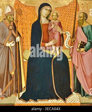Unbekannt – Madonna und Kind mit St. Nikolaus und Paul (ca. 1370), Tempera auf der Tafel. Mittelalterliches italienisches religiöses Gemälde, das die Jungfrau Maria und das Christkind auf dem Thron mit Schutzheiligen darstellt und ein Beispiel für gotische Hingabe und hierarchische würde darstellt | ArchiVerse: Religiöse Kunst Stockfoto