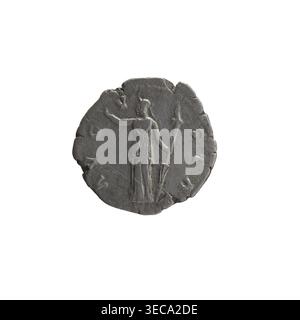 Denar, posthume Ausgabe für Faustina den Älteren (98–141; römische Kaiserin 138–141), herausgegeben unter Antoninus Pius (86–161; römischer Kaiser 138–161). Vorderseite: Büste von Faustina I. drapiert, nach rechts gerichtet, Inschrift D·VA—F·VSTIN (Circumferential). Rückwärts: Ceres steht links, rechte Hand hochgehoben, hält eine lange Fackel in ihrer linken Hand; Inschrift A·VG—V—STA (Umfangsrichtung). Nach 141 n. Chr., Römisches Reich (27 v. Chr.–476 n. Chr.), Rom. Münze; Durchmesser 17,5–18,5 mm, Gewicht 2,70 g, Achse 180°, A rund, getragene Metallic-Münze in Grautönen mit einem erhöhten Relief einer stehenden menschlichen Figur in der Mitte, die eine lange, drapierte Figur trägt Stockfoto