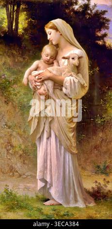 William-Adolphe Bouguereau – L’Innocence (1893), Öl auf Leinwand. Französische akademische religiöse allegorische Malerei, die ein reines Kind als Hirtin darstellt, die zärtlich ein Lamm umhüllt und Unschuld, göttliche Reinheit und pastorale Tugend in einer strahlenden ätherischen Landschaft symbolisiert | ArchiVerse: Religiöse Kunst Stockfoto