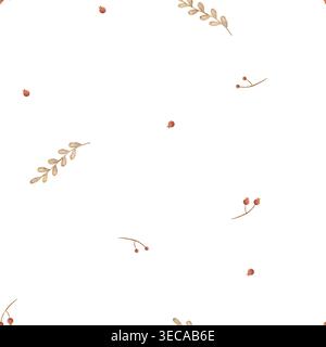 Muster beige Zweige Blätter Zweige, rote Beeren. Pflanzen handgezeichnete Aquarellillustration im Vintage-Kinderstil. Nahtloser Druck isoliert Stockfoto