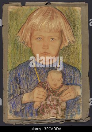 Mädchen mit einer Puppe, Jan Rembowski (1879–1923). Pastellzeichnung, 1908–1909. Höhe 47,5 cm, 31 cm breit. Porträt eines Kindes (seine Tochter Janina Bronisława Maria, genannt Nuna, * 11. August 1905) mit einer Puppe; das Kind posierte mehrmals für ihren Vater. Anmerkungen: Rembowski studierte Bildhauerei in Laszczkas Atelier und lernte Wyspiański 1903 an der Kraków-Akademie kennen; er verbrachte Zeit in Italien (Daten in der Hand: Nervi, 3. April 1907; San Miniato VI 1907; Florenz 1907) und blieb bis Juni 1908 mit seiner Familie in Italien. Seine Arbeit an Illustrating Learning to Read and Write wurde durch seinen Tod unterbrochen Stockfoto