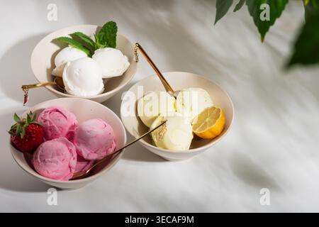 Helle Gourmet-Komposition mit drei Schüsseln Eis in verschiedenen Geschmacksrichtungen: Erdbeere mit frischem Obst, Vanille oder Kokos mit Minzblättern, Stockfoto