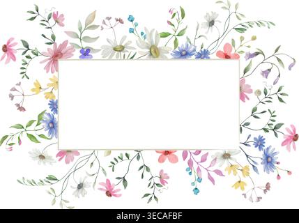 Hintergrund mit Platzhalter für Wildblumen in Aquarellfarben und Kopierraum. Botanische Wiesenkante mit Gänseblüten, blauen, rosa Blüten und grünen Blättern. Vektor-EPS. Stock Vektor