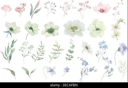 Aquarellblumen mit weißen Anemonen, rosa Blüten, blauen Wildblumen. Sammlung handgezeichneter botanischer Elemente isoliert auf weiß. Vektor-EPS. Stock Vektor