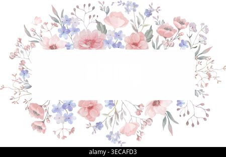 Hintergrund mit Platzhalter für Wildblumen in Aquarellfarben und Kopierraum. Handbemalter botanischer Wiesenrand mit rosafarbenen Blüten und grünen Blättern. Vektor-EPS. Stock Vektor