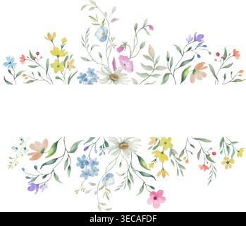 Aquarellfarben-Wildblumen-Eckrahmen-Hintergrund mit Kopierraum. Botanische Wiese Illustration mit Gänseblüten, blauen Blüten und grünen Blättern. Stock Vektor