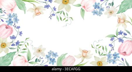 Hand gezeichnetes Aquarell Frühling Blumenrahmenbanner isoliert auf weißem Hintergrund. Horizontaler Rand mit rosafarbenen Tulpen, Narzissen und blauen Blüten. Vektor. Stock Vektor