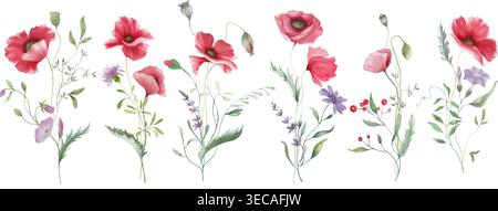 Nahtloser Rand mit rotem Mohn, grünen Blättern. Handgemaltes horizontales Blumenmuster für Sommerblumen. Vektor-EPS. Stock Vektor