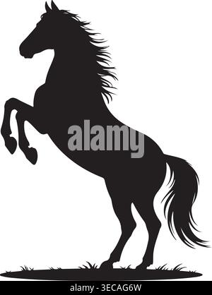 Auffällige schwarze Silhouette eines majestätischen Pferdes, das sich auf seinen Hinterbeinen aufhält, kraftvoll und dynamisch, mit fließender Mähne und Schwanz. Stock Vektor