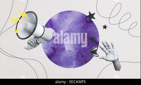Kreative Collage aus Megaphone und Hand mit lebendigem Hintergrund und abstrakten Formen Stockfoto