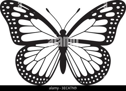 Detaillierte schwarz-weiße Vektor-Illustration eines Monarchschmetterlings mit komplizierten Flügelmustern und eleganter Silhouette vor einem sauberen weiß. Stock Vektor
