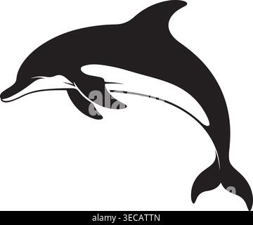 Monochromatische schwarz-weiße Silhouette eines anmutigen Delfins, der durch die Luft springt und bogenförmig durch die Luft springt und seine schlanke Form mit einem einfachen aber dennoch zeigt. Stock Vektor