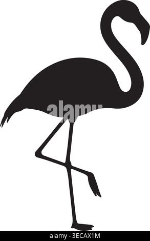 Elegante schwarze Silhouette eines Flamingos, der anmutig auf einem Bein steht, isoliert auf einem sauberen weißen Hintergrund. Diese Vektorgrafik fängt den Kultcharakter ein. Stock Vektor
