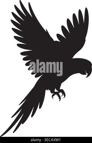 Auffällige schwarze Silhouette eines im Flug befindlichen Papageiens, voll ausgestreckte Flügel und lange Schwanzfedern, die anmutige Bewegungen zeigen. Detaillierte Grafik. Stock Vektor